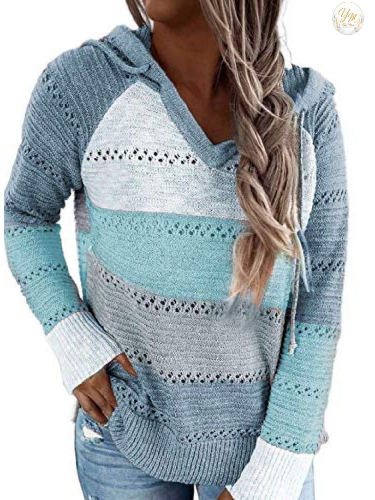 Color Block Hooded Crochet Striped Sweater Lightweight Drawstring Hoodie